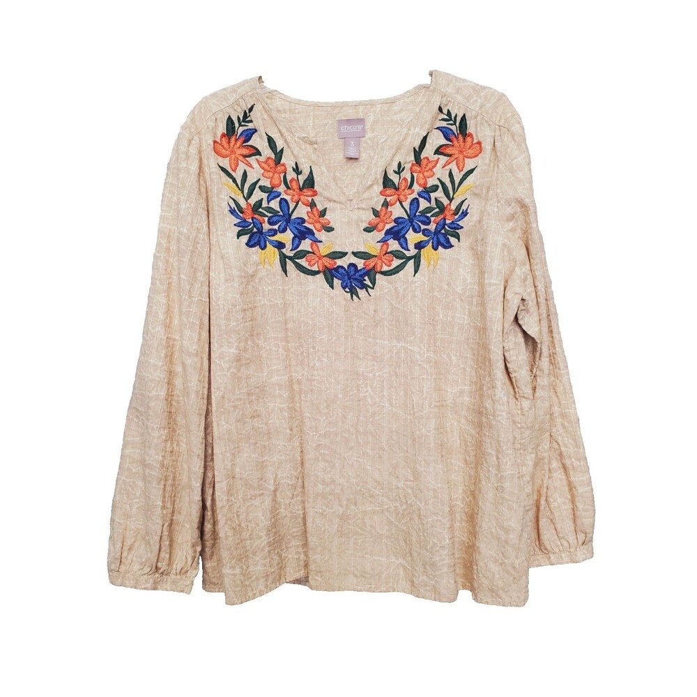 Chico’s Cotton Tan Crackle-Wash Embroidered Popover Top Size 3 (XL) Boho